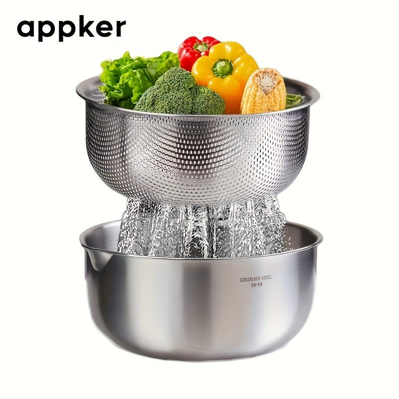 2-in-1 Vegetable Washing Machine & Strainer Bowl | 304 Stainless Steel Microporous Double Layer, 2qt Large Capacity Graduated Mixing Bowl for Berries, Fruits, Vegetables - Rinsing & Draining, Durable Kitchen Tool, Food Preparation Accessory