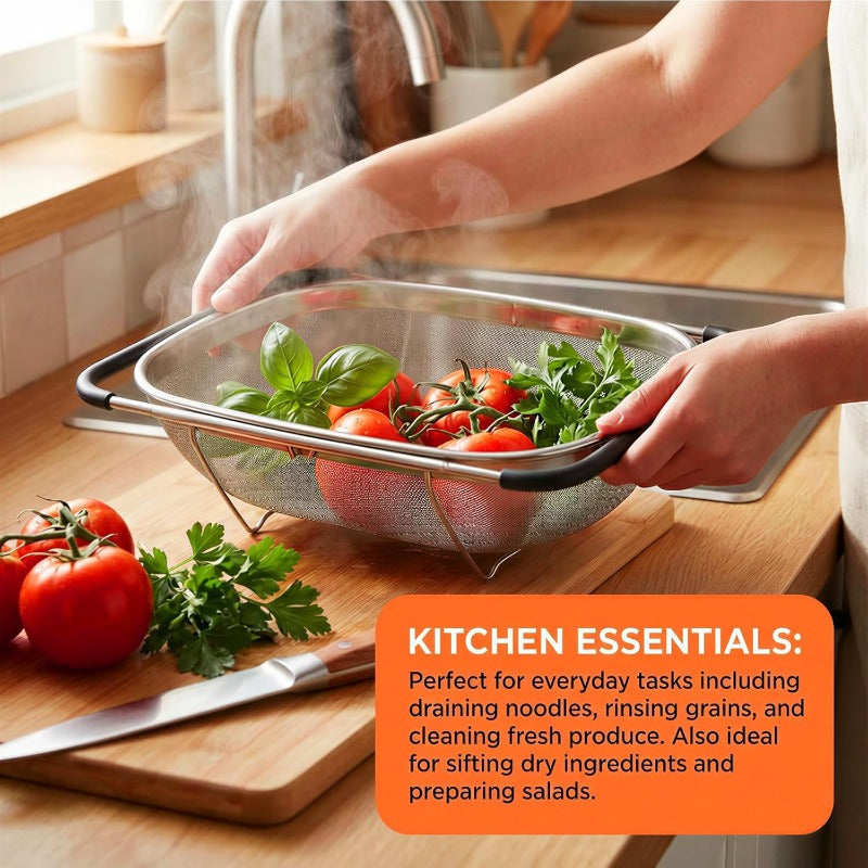 Sink Strainer Basket, Silvery, 6-Quart Stainless Steel Oval Colander, Retractable Rubber Handles, Kitchen Filter Mesh, Stainless Steel Colander, for Filtering, Draining, Rinsing Vegetables And Fruits, Draining Noodles, Washing Basket, Sink Storage