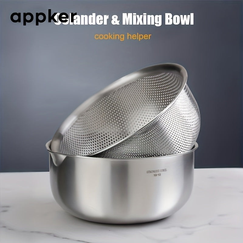 2-in-1 Vegetable Washing Machine & Strainer Bowl | 304 Stainless Steel Microporous Double Layer, 2qt Large Capacity Graduated Mixing Bowl for Berries, Fruits, Vegetables - Rinsing & Draining, Durable Kitchen Tool, Food Preparation Accessory