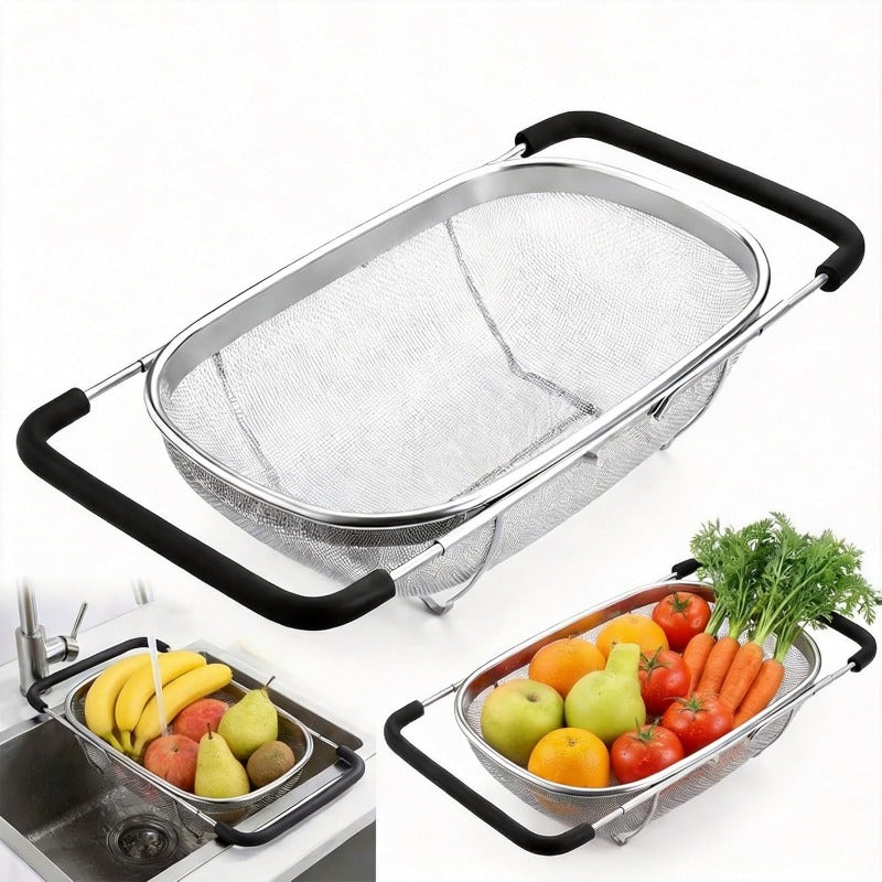 Sink Strainer Basket, Silvery, 6-Quart Stainless Steel Oval Colander, Retractable Rubber Handles, Kitchen Filter Mesh, Stainless Steel Colander, for Filtering, Draining, Rinsing Vegetables And Fruits, Draining Noodles, Washing Basket, Sink Storage