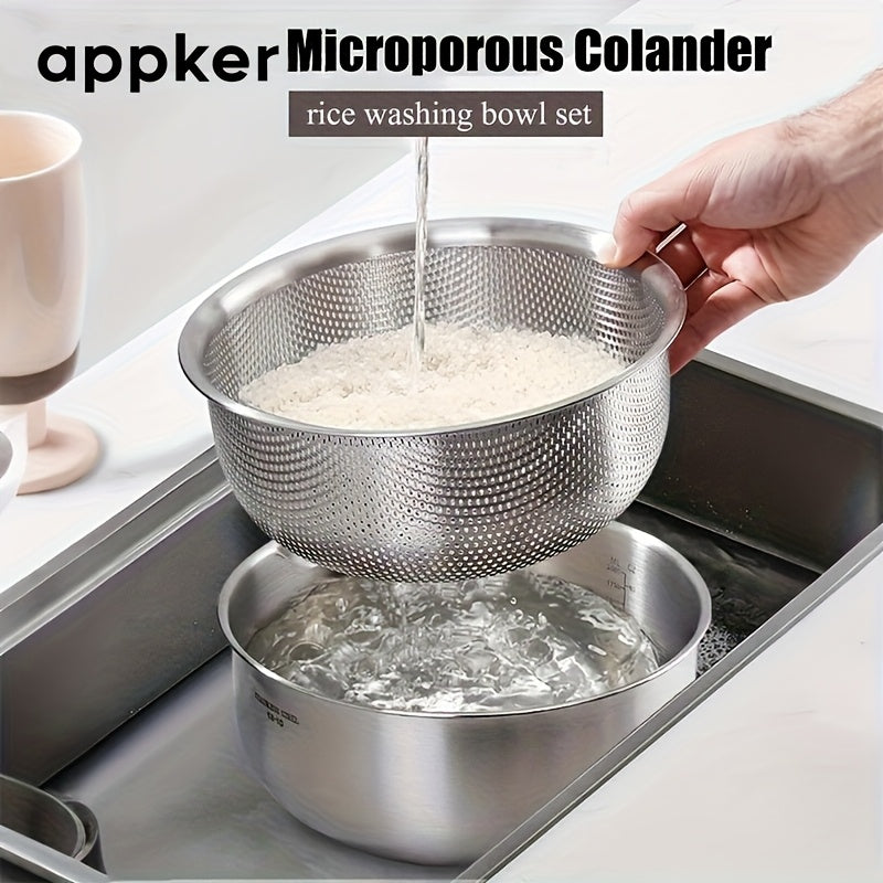 2-in-1 Vegetable Washing Machine & Strainer Bowl | 304 Stainless Steel Microporous Double Layer, 2qt Large Capacity Graduated Mixing Bowl for Berries, Fruits, Vegetables - Rinsing & Draining, Durable Kitchen Tool, Food Preparation Accessory