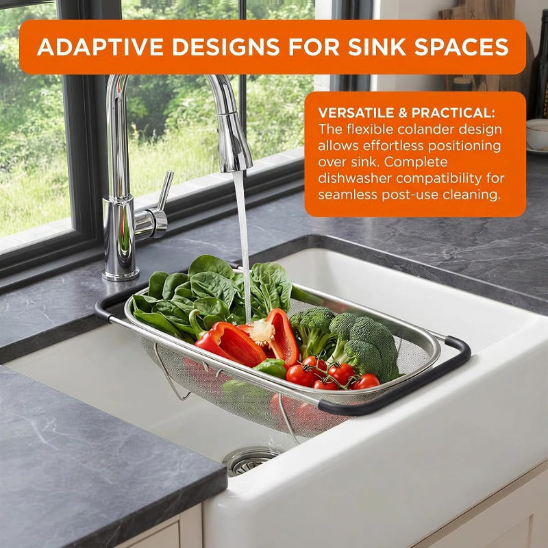 Sink Strainer Basket, Silvery, 6-Quart Stainless Steel Oval Colander, Retractable Rubber Handles, Kitchen Filter Mesh, Stainless Steel Colander, for Filtering, Draining, Rinsing Vegetables And Fruits, Draining Noodles, Washing Basket, Sink Storage