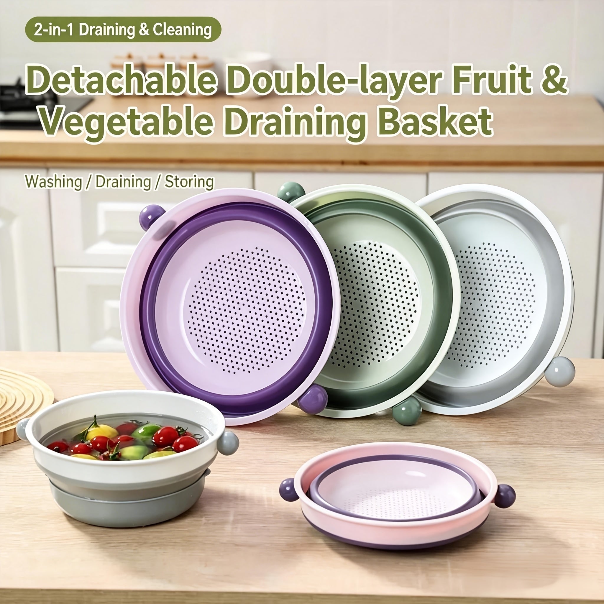 2pcs Foldable Colander Set, Stackable Kitchen Strainer, Space-Saving Collapsible Drainer for Washing Fruits And Vegetables, Easy-to-Clean Household Draining Basket (1 Large And 1 Small)