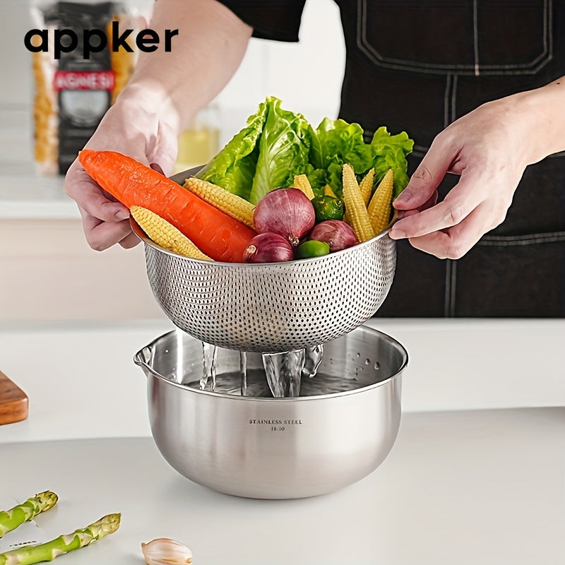 2-in-1 Vegetable Washing Machine & Strainer Bowl | 304 Stainless Steel Microporous Double Layer, 2qt Large Capacity Graduated Mixing Bowl for Berries, Fruits, Vegetables - Rinsing & Draining, Durable Kitchen Tool, Food Preparation Accessory